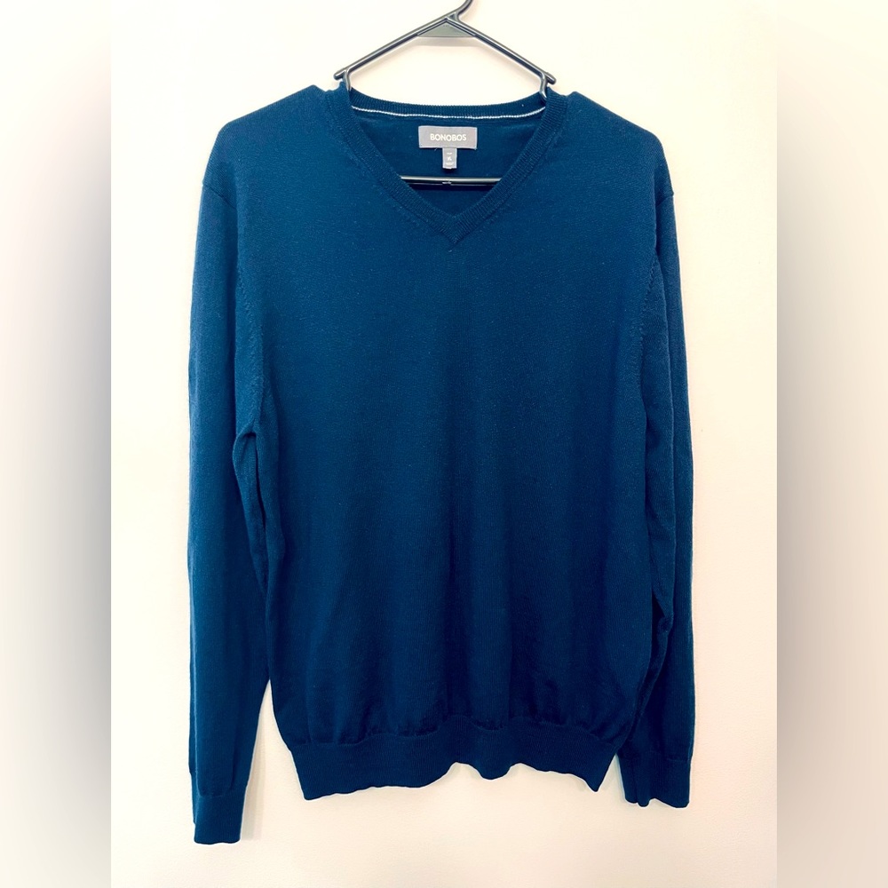 Bonobos V Neck Sweater Slim Fit Navy Blue extra fine merino wool sz XL #1